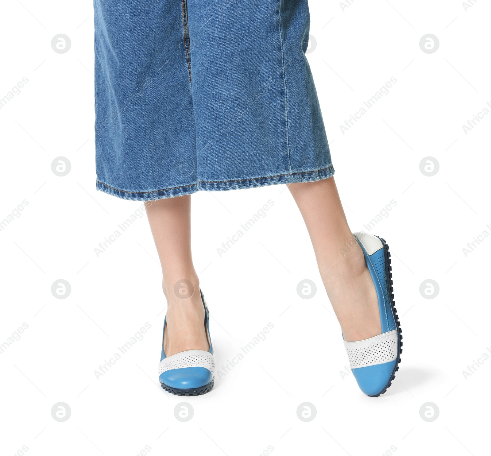 Photo of Woman in stylish shoes isolated on white, closeup