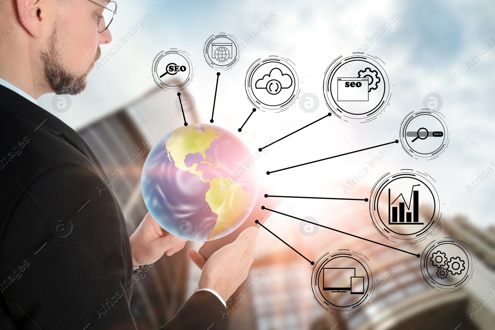 Image of Man demonstrating directions of SEO. World globe with icons of keyword research, customization and others