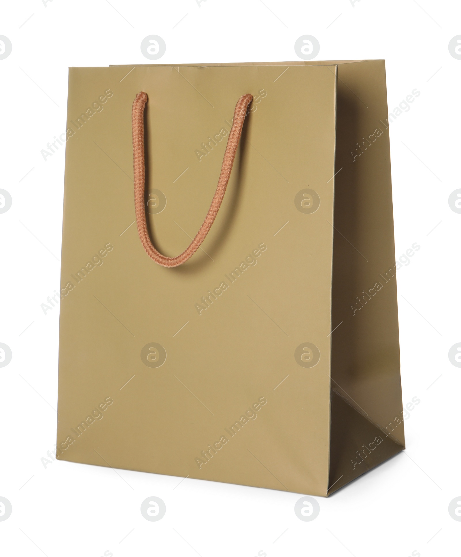 Photo of One brown shopping bag isolated on white