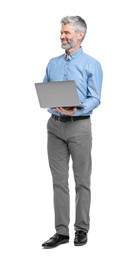 Mature businessman in stylish clothes with laptop on white background