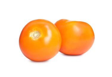 Photo of Fresh ripe yellow tomatoes on white background