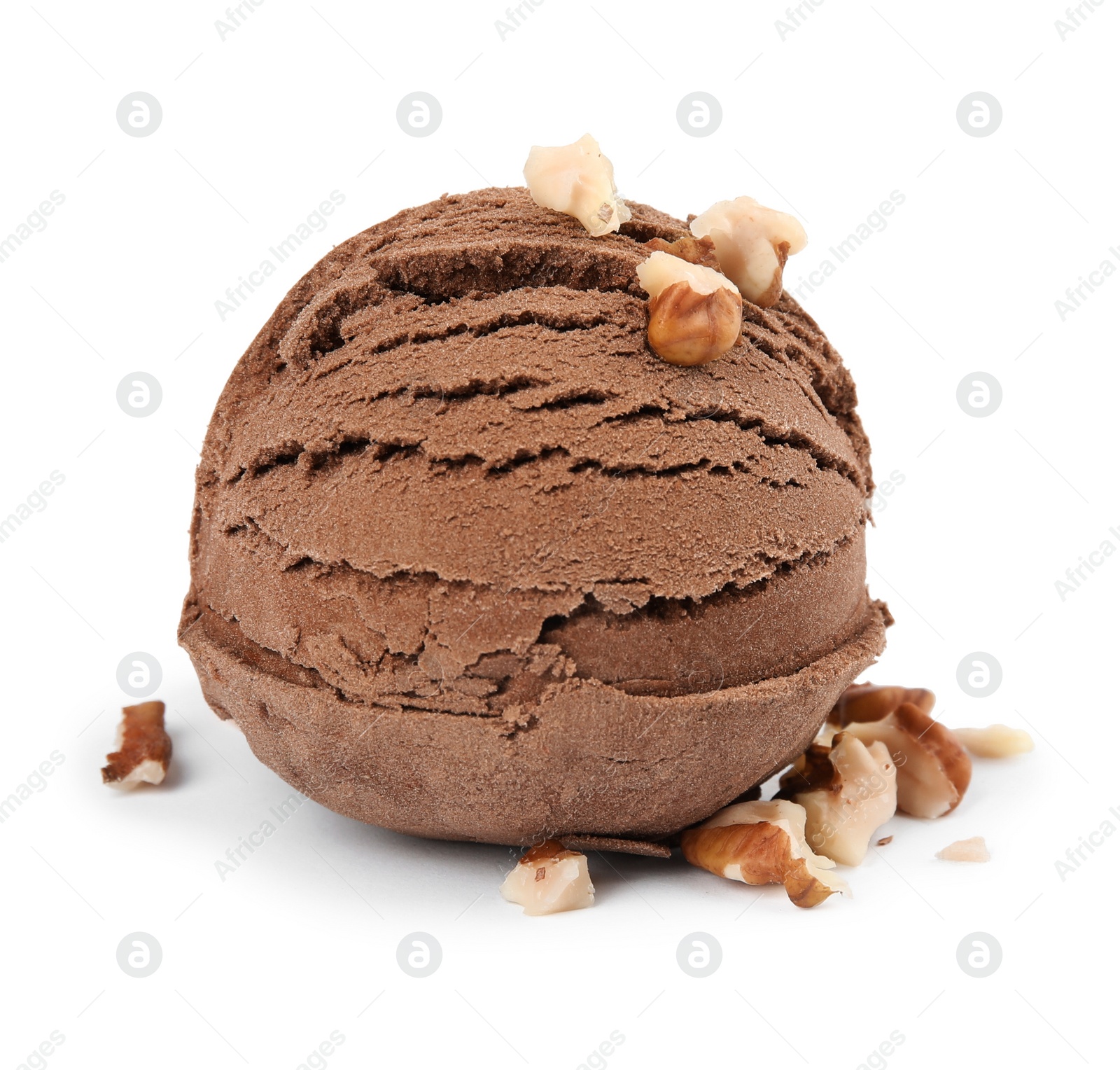 Photo of Scoop of chocolate ice cream and nuts isolated on white