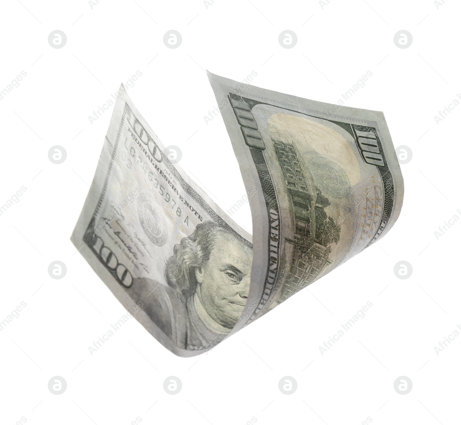 Photo of Dollar banknote isolated on white. Flying money