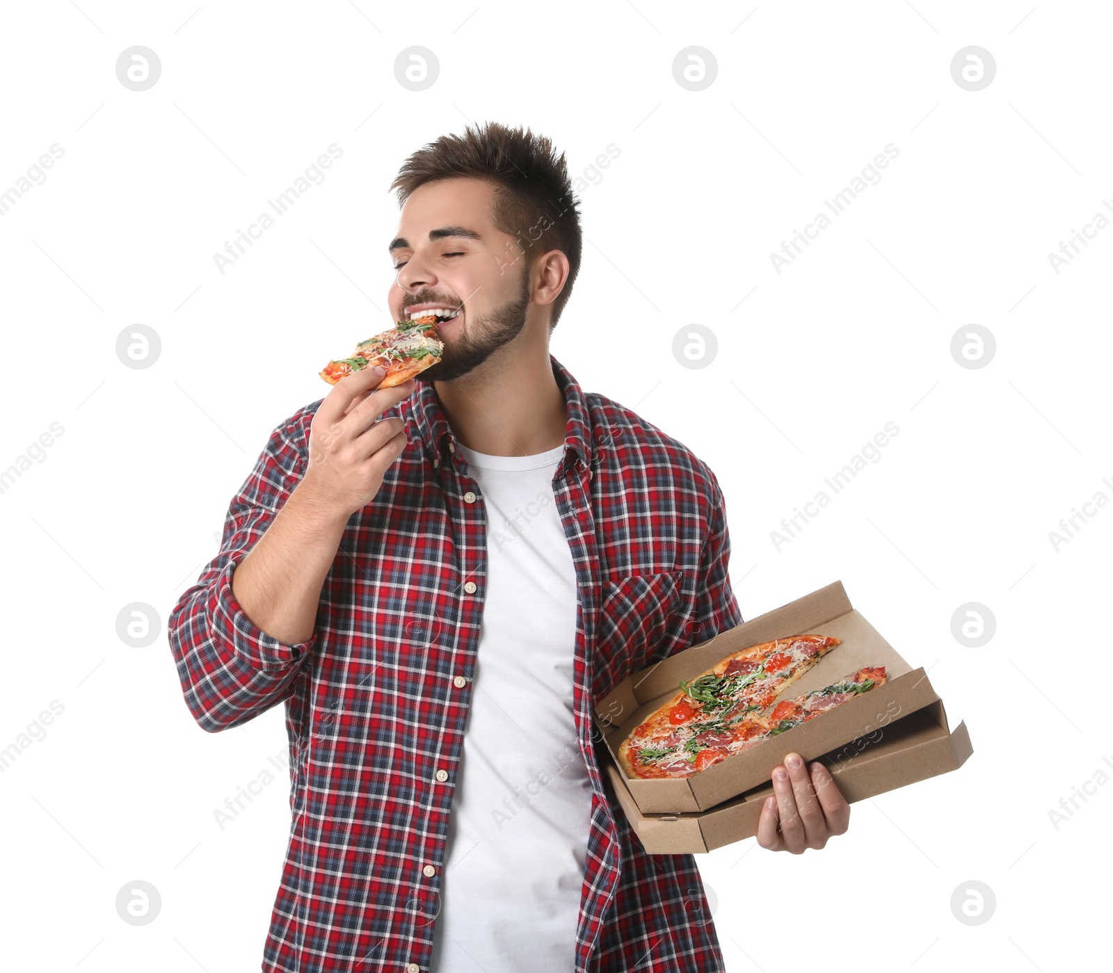 Photo of Handsome man eating pizza isolated on white