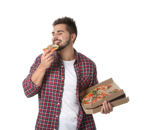 Handsome man eating pizza isolated on white