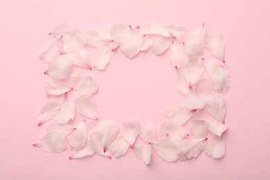 Photo of Frame of beautiful spring blossoms petals on pink background, flat lay. Space for text