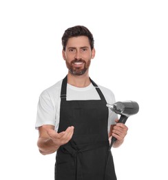 Photo of Smiling hairdresser with dryer on white background