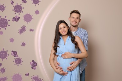Image of Happy pregnant woman and her man on beige background. Strong immunity - resistance against infections. Illustration of viruses