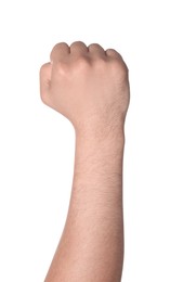 Man showing fist on white background, closeup