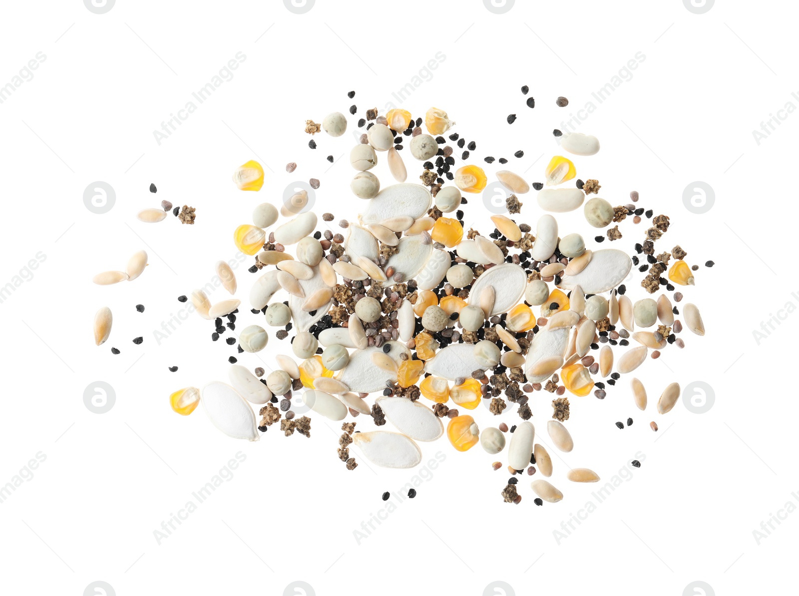 Photo of Mix of vegetable seeds on white background, top view