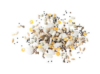 Photo of Mix of vegetable seeds on white background, top view