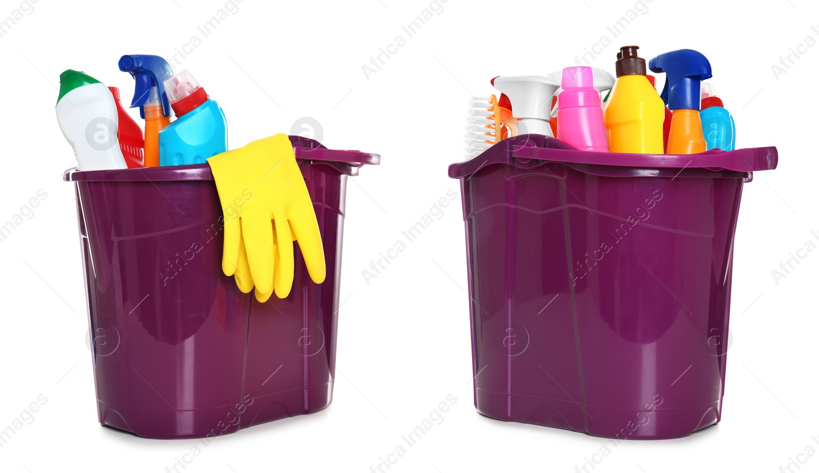 Image of Buckets with cleaning supplies on white background