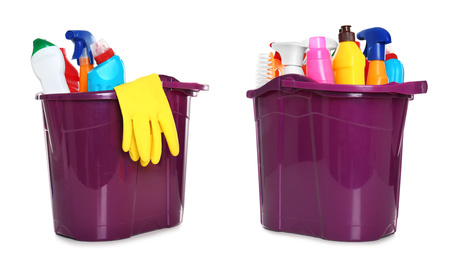 Image of Buckets with cleaning supplies on white background