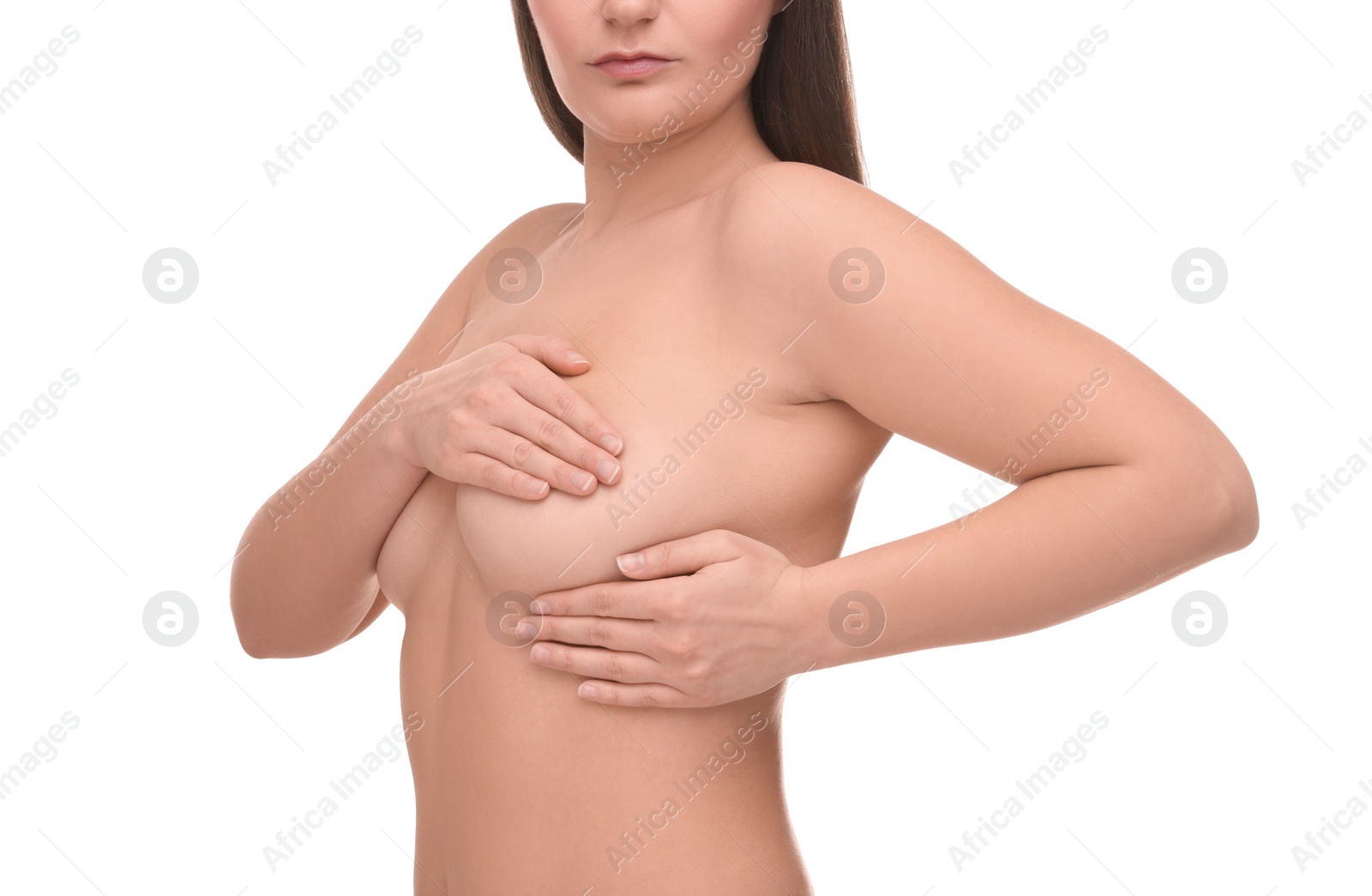 Photo of Mammology. Naked woman doing breast self-examination on white background, closeup