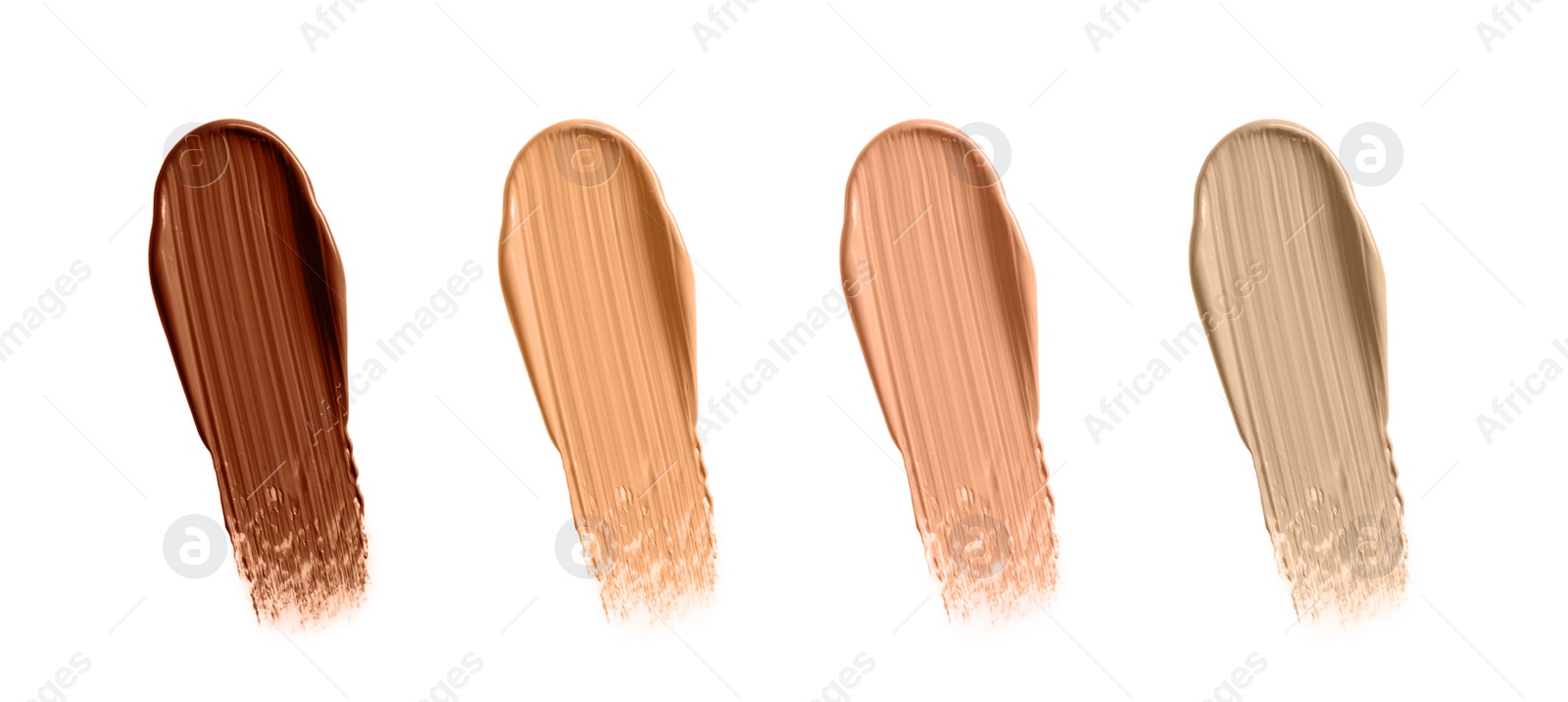 Image of Set with different shades of liquid skin foundation on white background, top view. Banner design