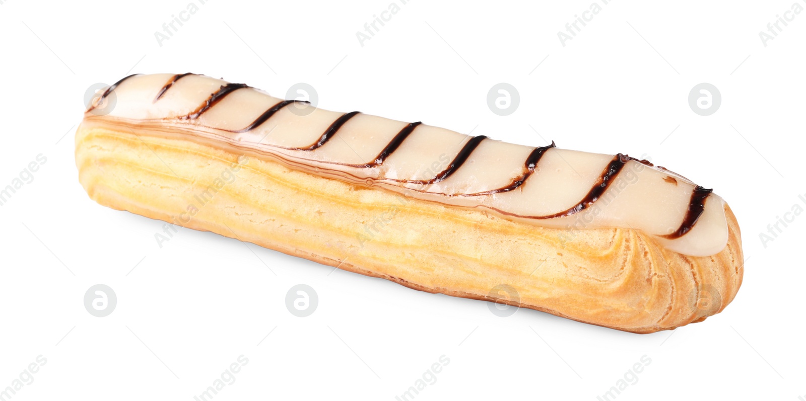 Photo of Delicious eclair covered with glaze isolated on white