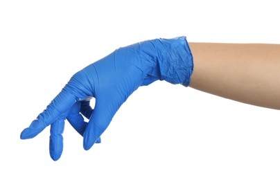 Photo of Woman in blue latex gloves on white background, closeup of hand