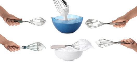 Image of People holding whisks on white background, closeup. Bowls and whisks with cream