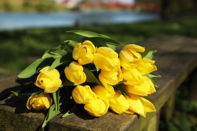 Photo of Bouquet of beautiful yellow tulips on wooden bench outdoors, closeup