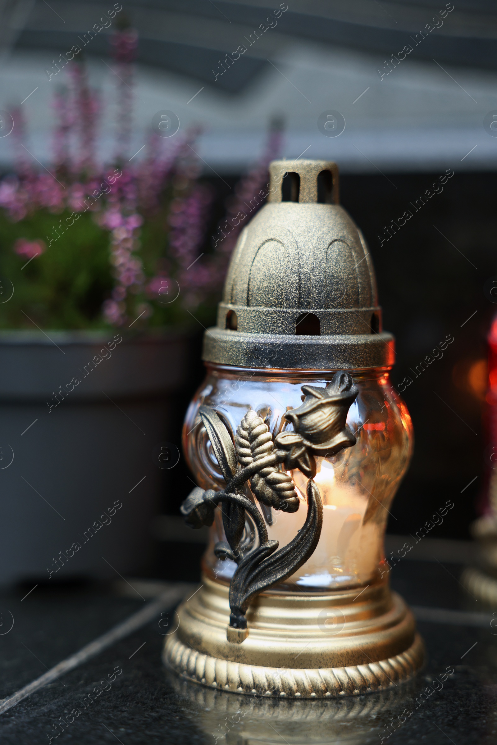 Photo of Grave light with potted heather on granite surface at cemetery