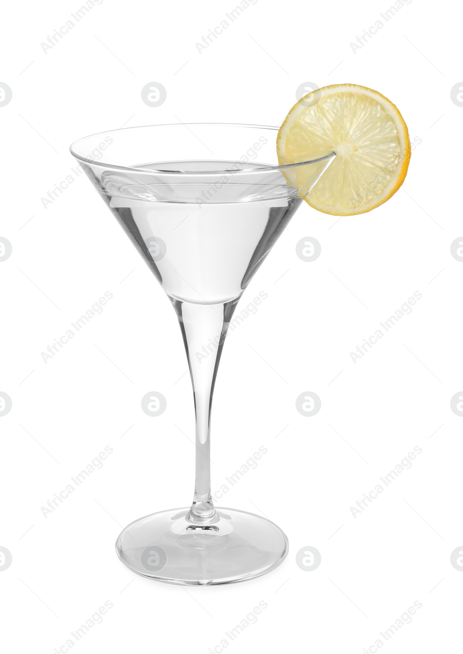 Photo of Martini glass of refreshing cocktail decorated with lemon slice isolated on white