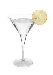 Photo of Martini glass of refreshing cocktail decorated with lemon slice isolated on white