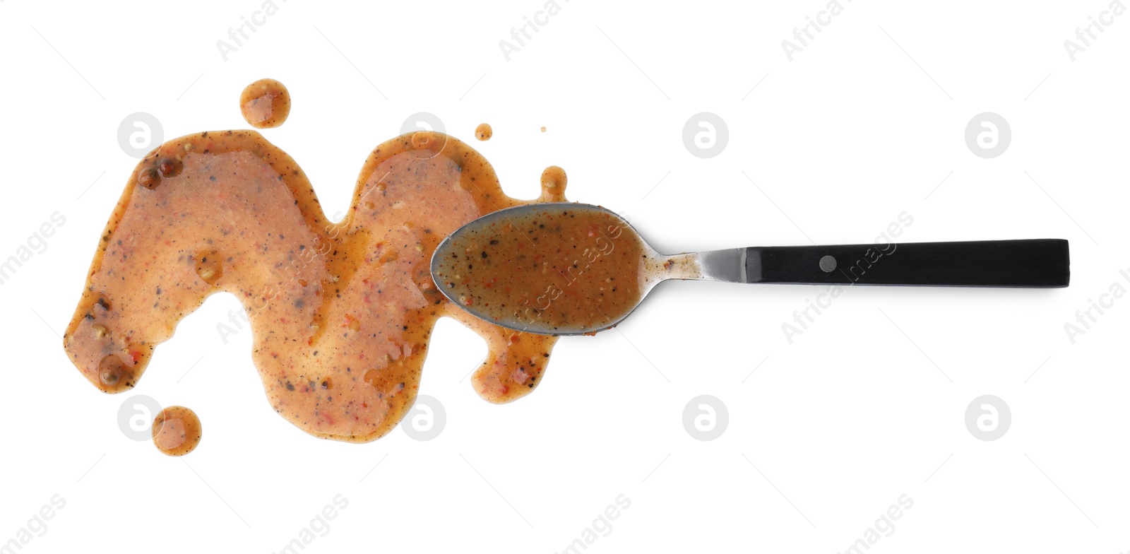 Photo of Spoon with fresh marinade isolated on white, top view