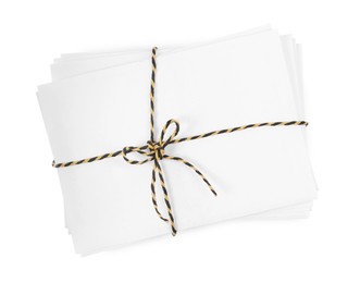 Stack of letters wrapped with rope on white background, top view