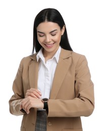 Photo of Businesswoman with wristwatch on white background. Time management