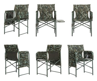 Image of Set with comfortable camouflage fishing chairs on white background