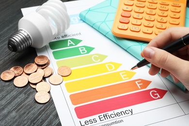 Photo of Woman with pen, energy efficiency rating chart, coins, light bulb and calculator at table, closeup