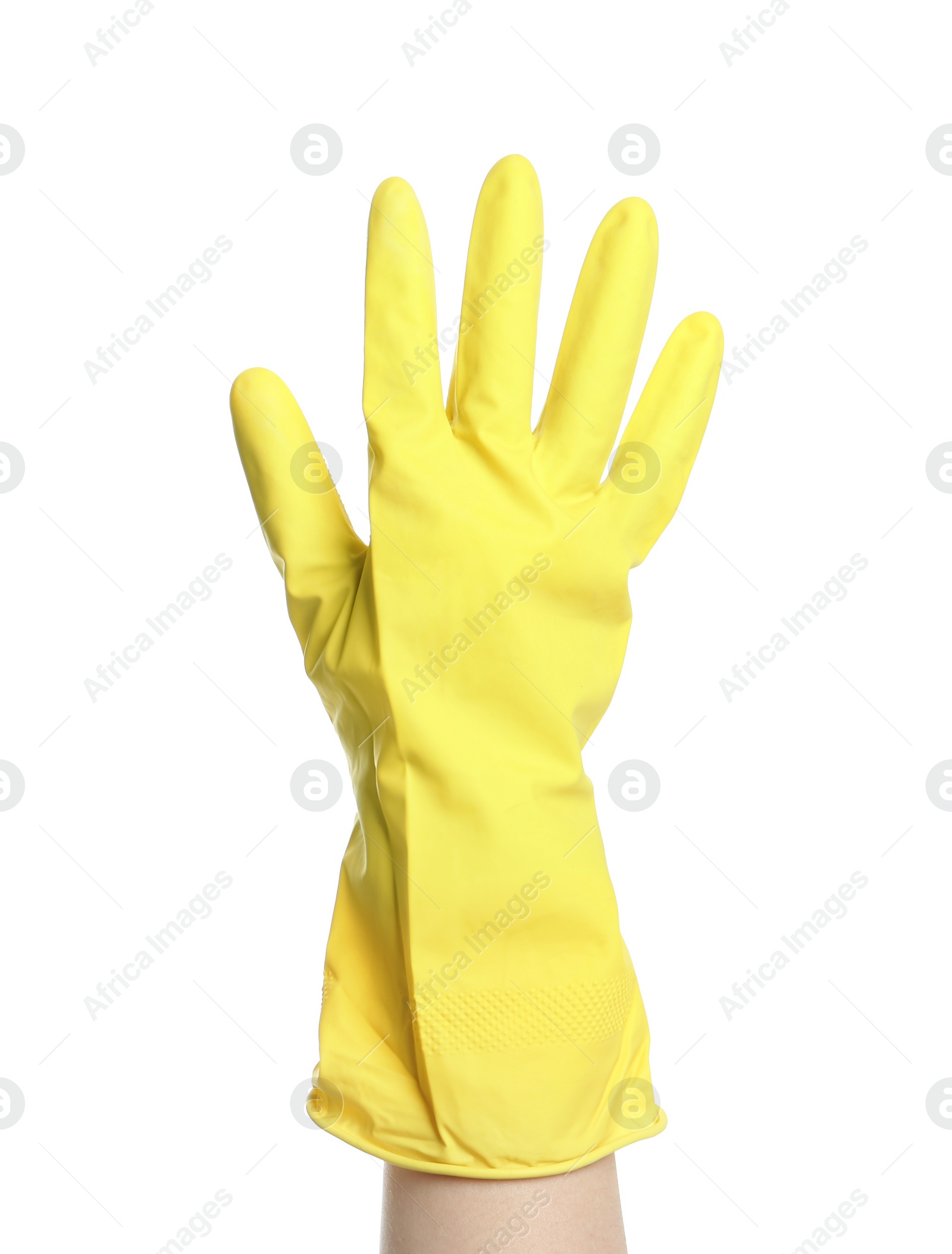 Photo of Person in rubber glove on white background, closeup of hand