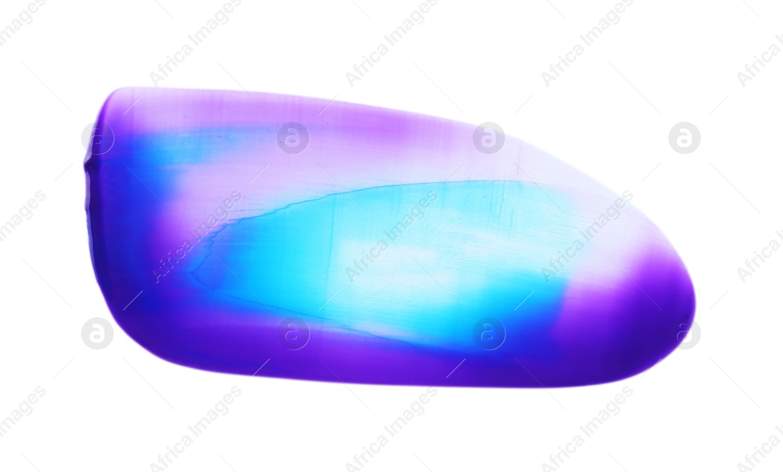 Photo of Purple and blue paint samples on white background, top view