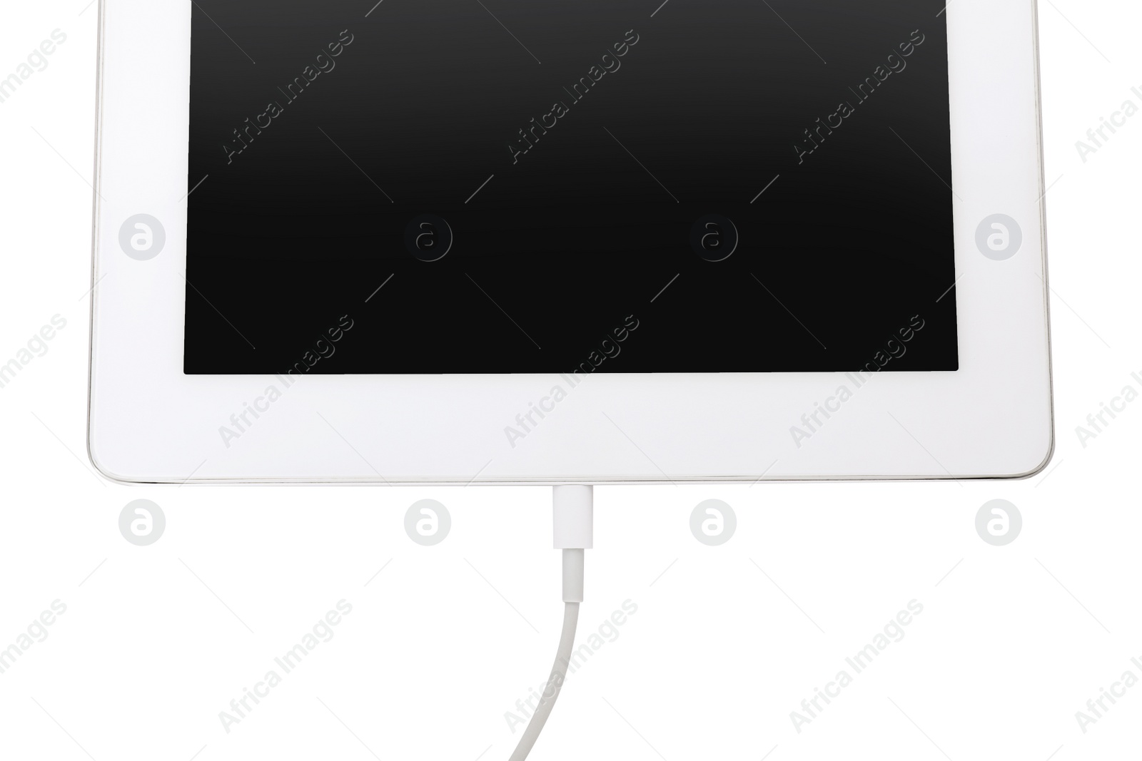 Photo of USB cable with lightning connector and tablet on white background, top view