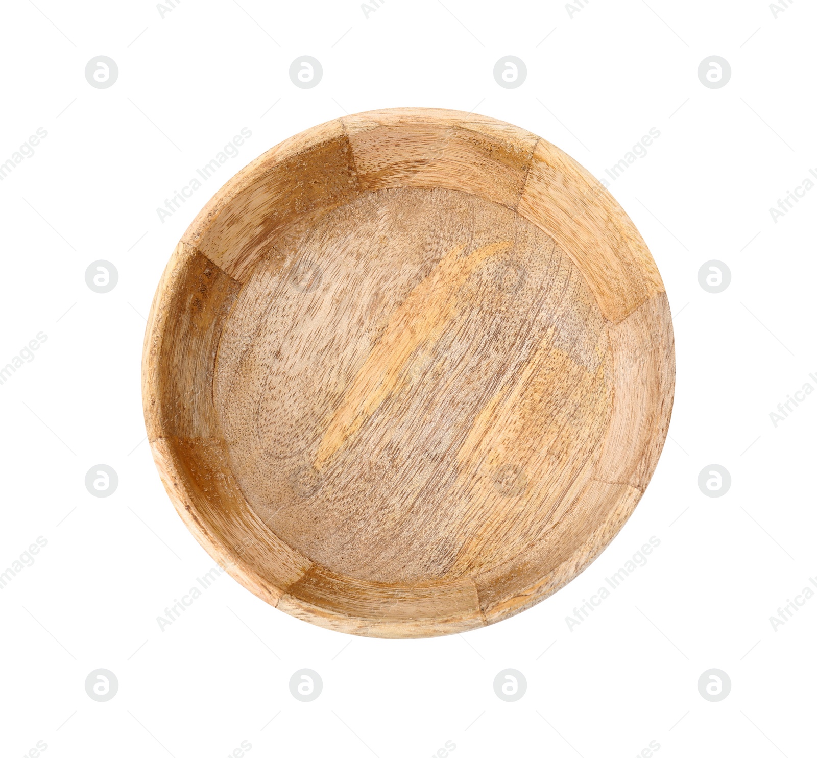 Photo of One wooden bowl isolated on white, top view. Cooking utensil