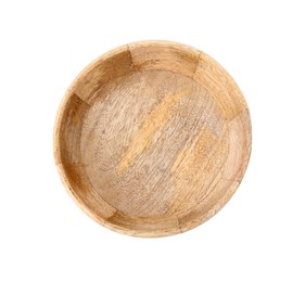 Photo of One wooden bowl isolated on white, top view. Cooking utensil