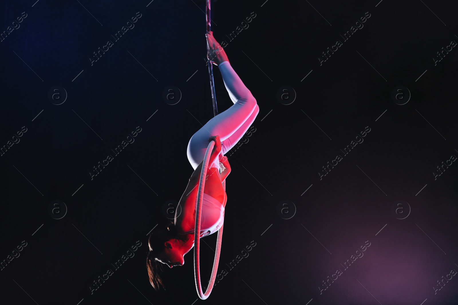 Photo of Young woman performing acrobatic element on aerial ring against dark background