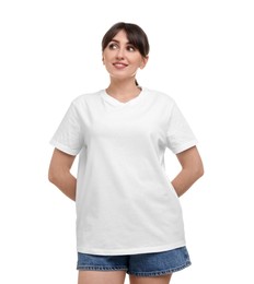 Smiling woman in stylish t-shirt on white background