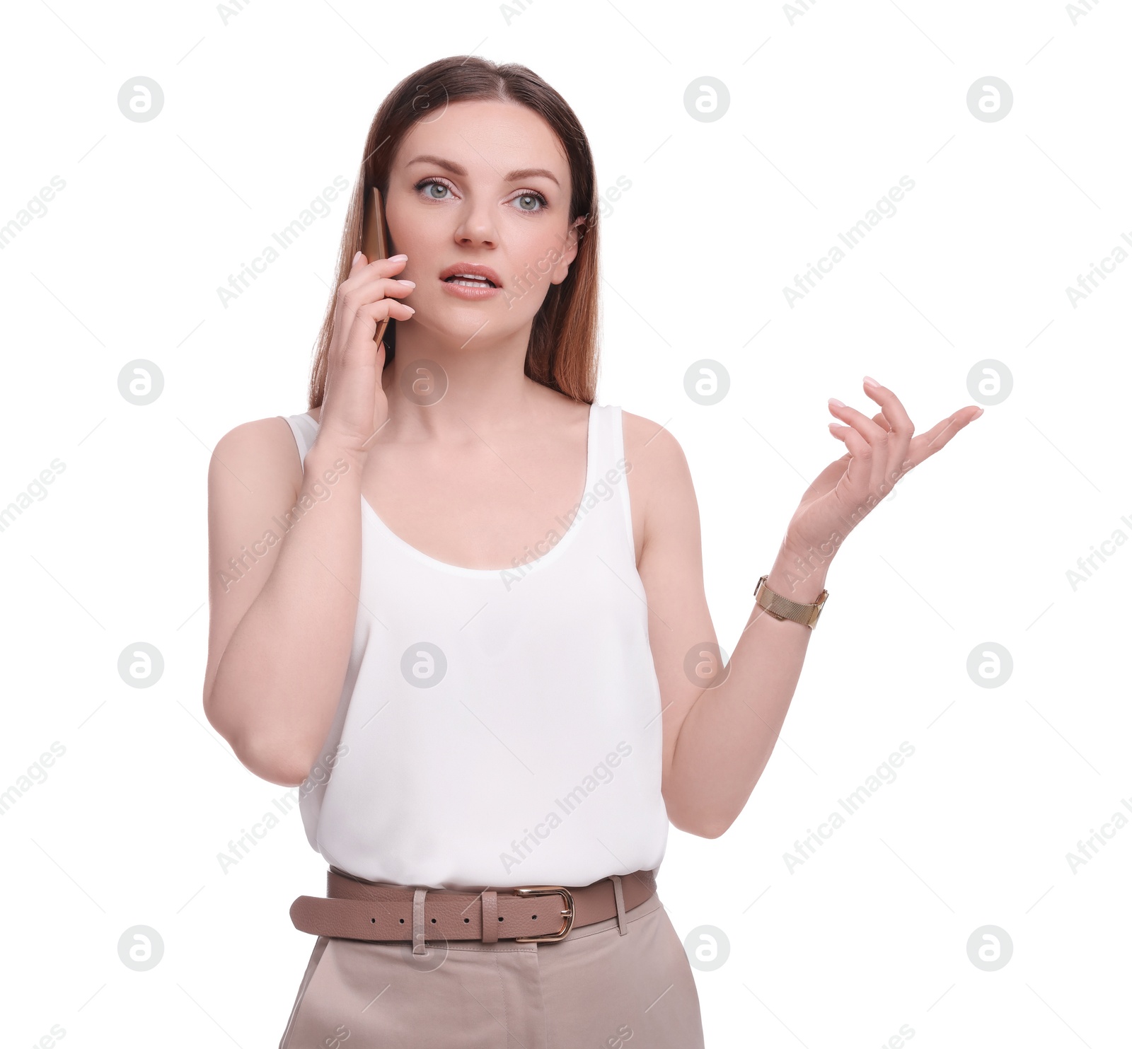 Photo of Beautiful businesswoman talking on smartphone against white background