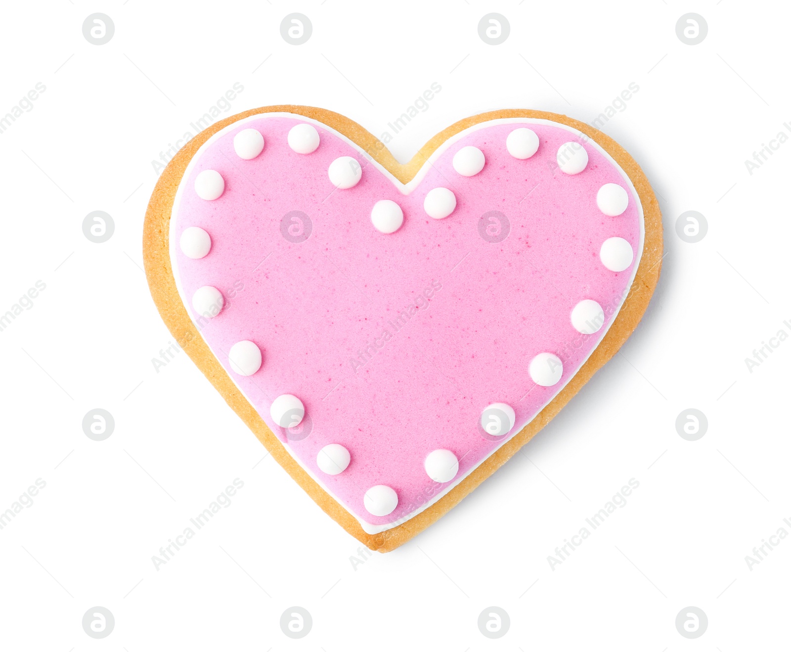 Photo of Decorated heart shaped cookie on white background, top view