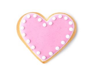 Photo of Decorated heart shaped cookie on white background, top view