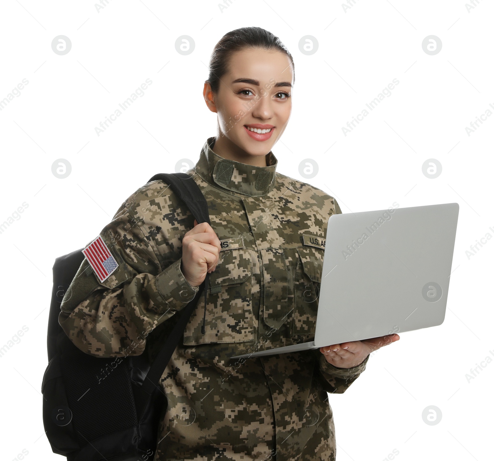 Photo of Female soldier with laptop and backpack on white background. Military education