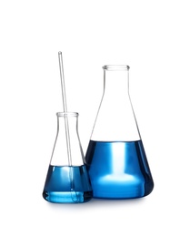 Conical flasks with blue liquid isolated on white. Laboratory glassware