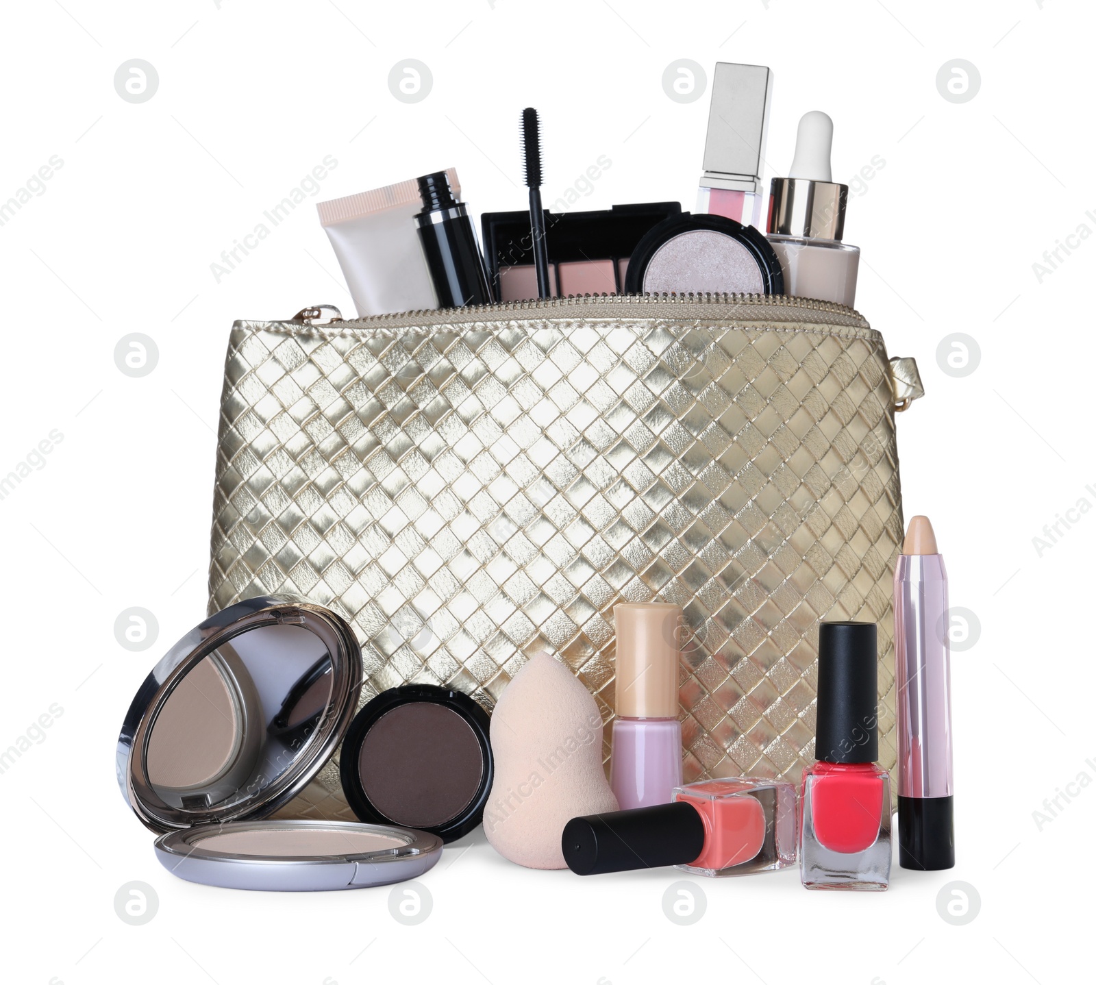 Photo of Different luxury decorative cosmetics and case on white background