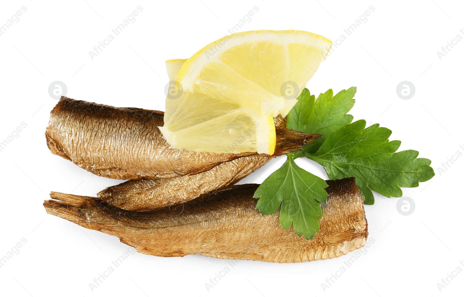 Photo of Tasty canned sprats, lemon and parsley isolated on white, top view