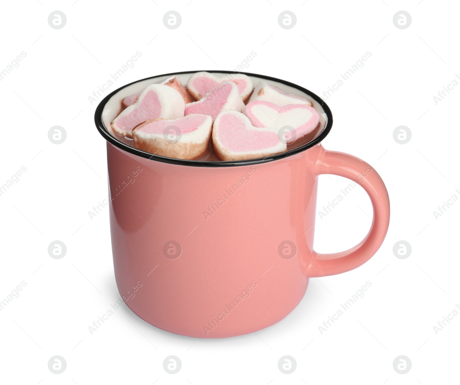 Photo of Cup of delicious hot chocolate with marshmallows isolated on white