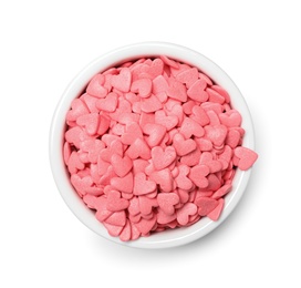Photo of Sweet candy hearts in bowl on white background, top view