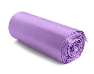 Photo of Roll of violet garbage bags on white background. Cleaning supplies