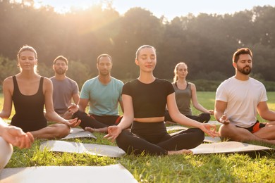 Group of people practicing yoga outdoors on sunny day, selective focus. Lotus pose