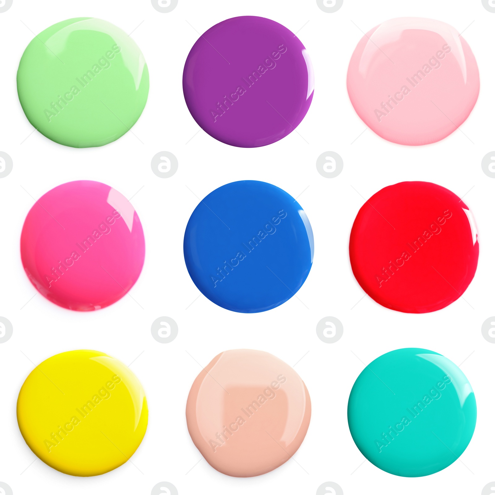 Image of Set of different nail polishes samples on white background, top view